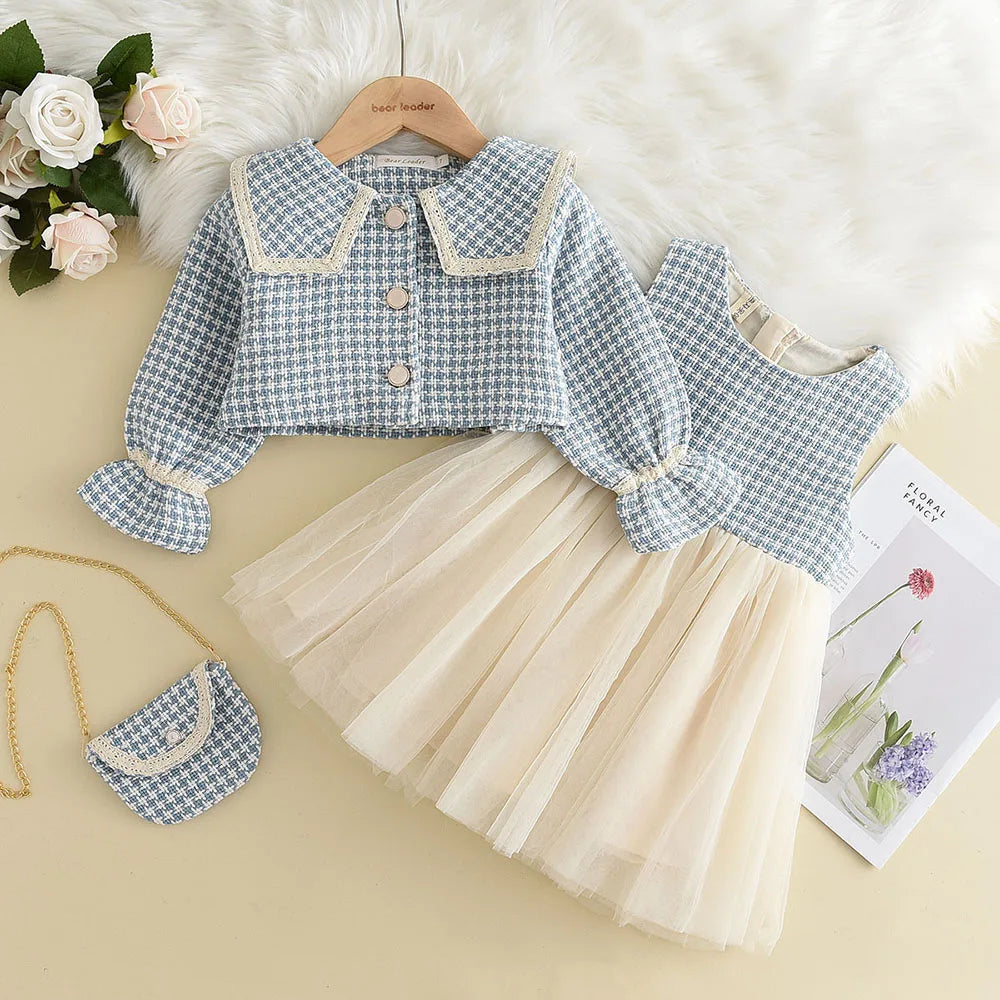 Girl's  2-6Y Girl's Plaid Vest Dress Retro Outwear Coat 3 Pcs Outfit