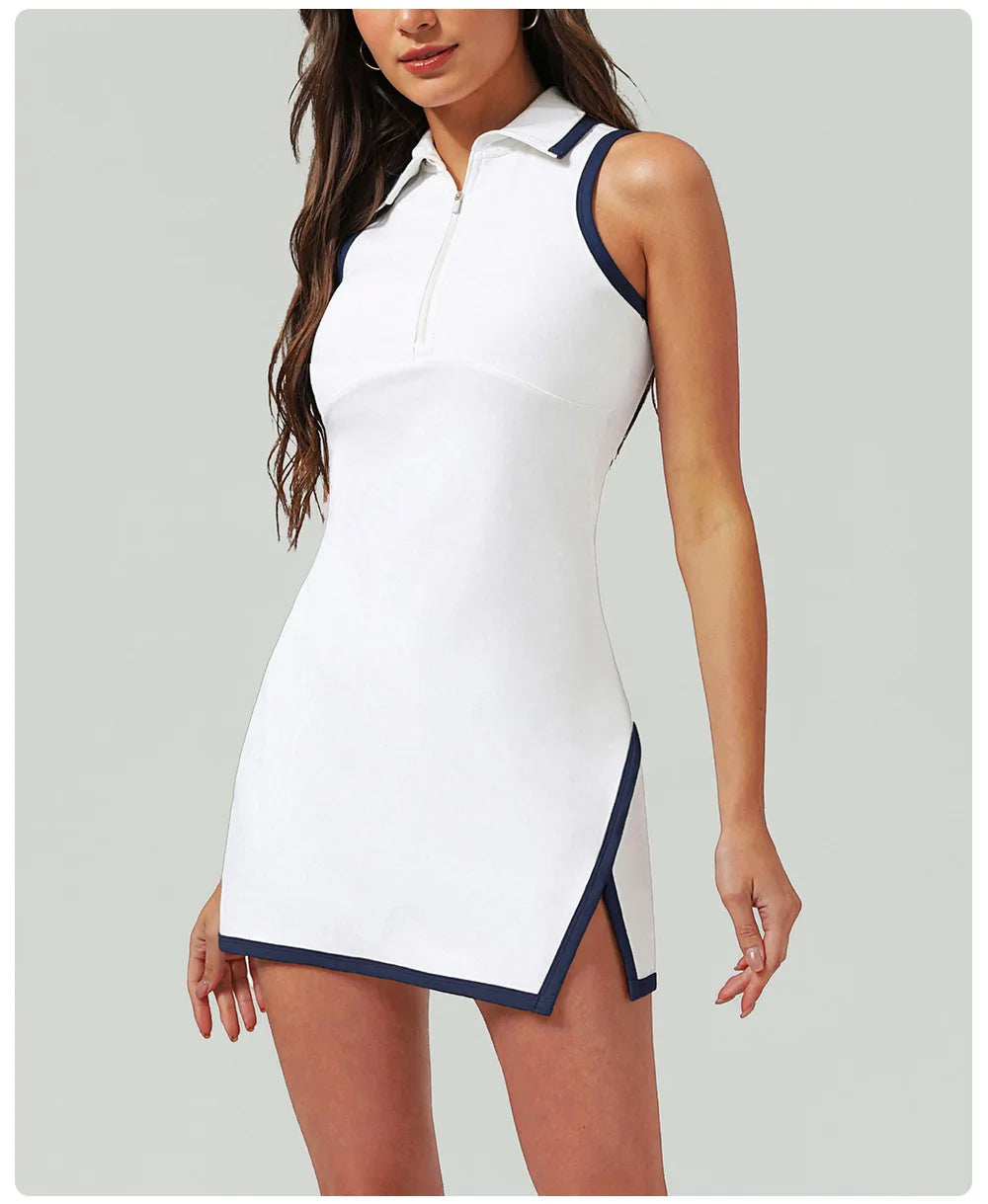 Women's Half-Zip Tennis Dress with Lapel Collar - Quick Dry Athletic Polo Dress
