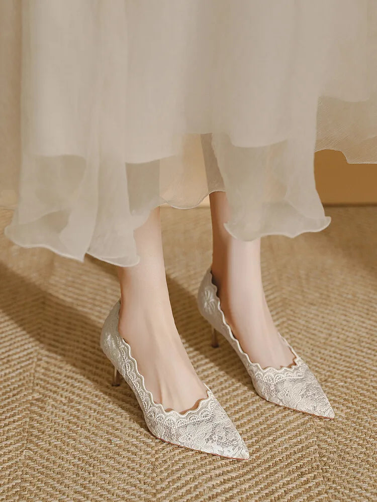 Embroidered Bridal Heels - Pointed Toe Wedding Pumps with 6.5cm Heel