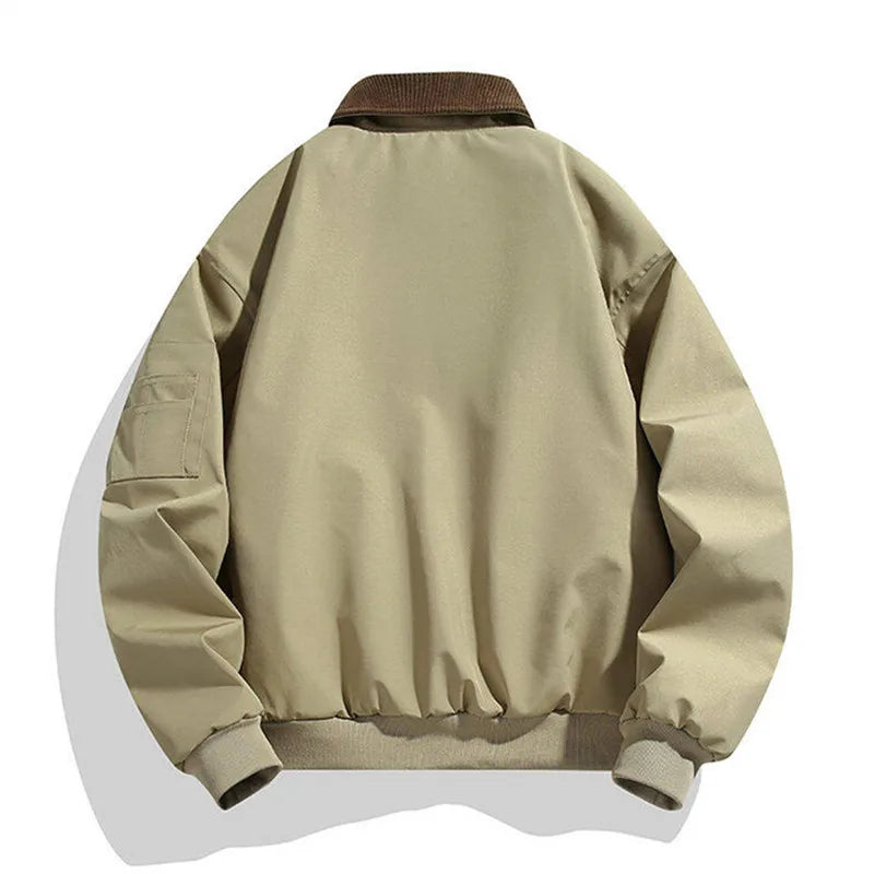 Men's Vintage Cargo Bomber Jacket - Patchwork Turn Down Collar Casual Outerwear
