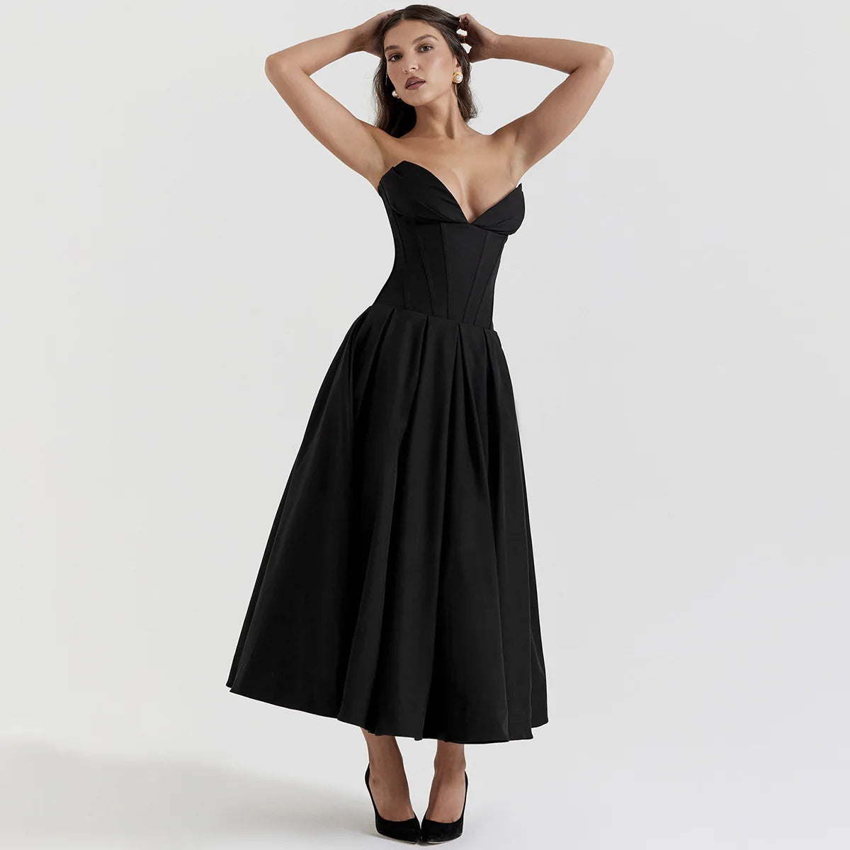 Strapless V Bar Slinky Midi Dress  Outfit - Women Frill Hem Sleeveless Corset Dress