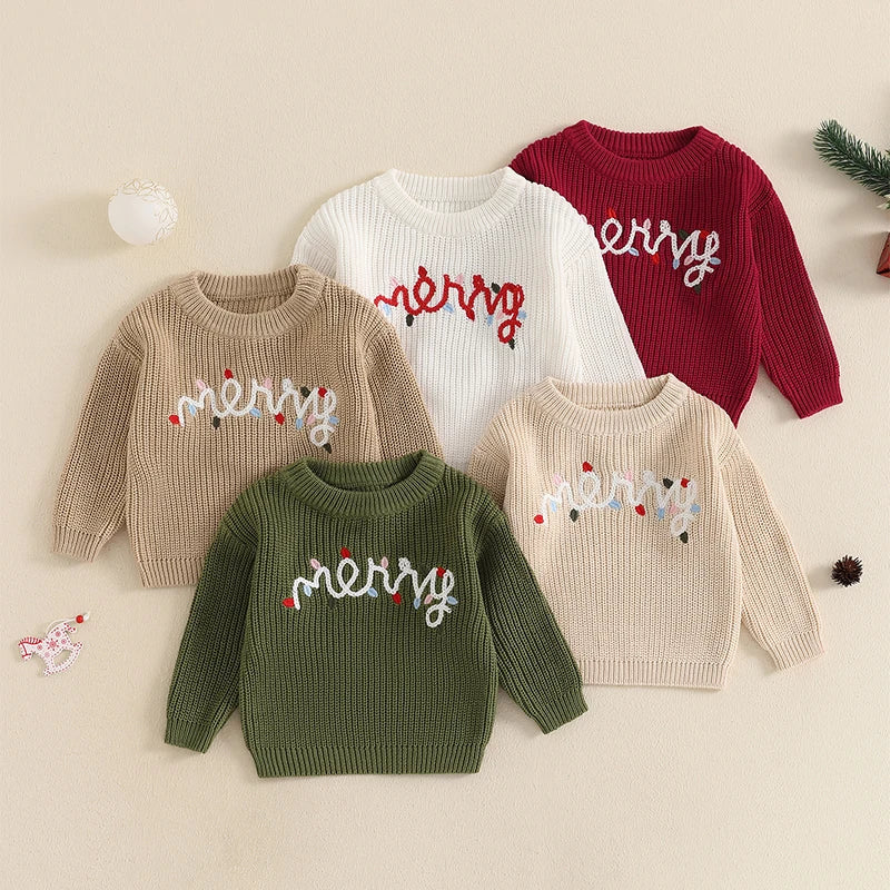 Baby Boys Girls Christmas Sweater 0-3Y Letter Light String Embroidery Long Sleeve Knitwear Top