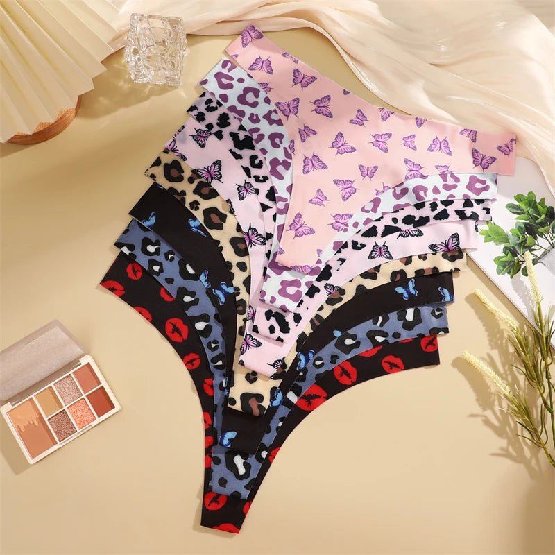 Women's 4Pcs Ultra Soft Underwear Graphic Print Seamless Thongs Stretch Leopard G Strings Comfort Lingerie