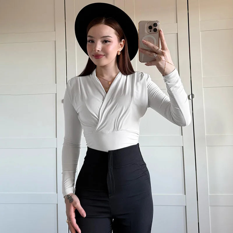 Women's Cross-Neck Slim Long Sleeve Elegant Ruched Top