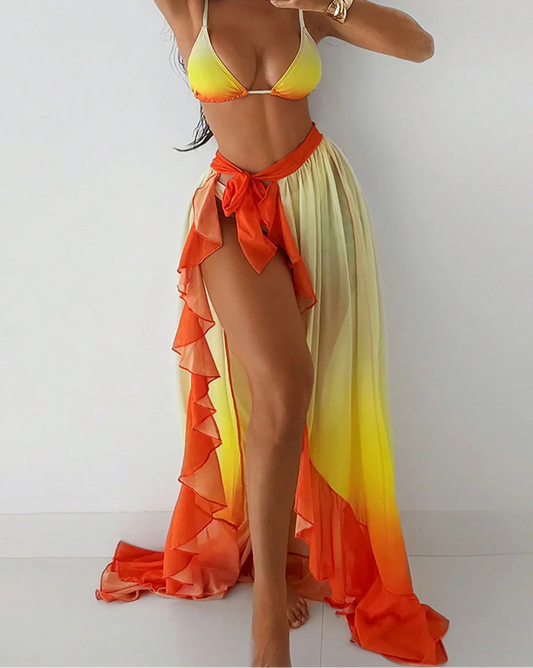 Women's With Sarong Gradient Halter Bikini Swimsuit  Swimwear Three-pieces Bikini set