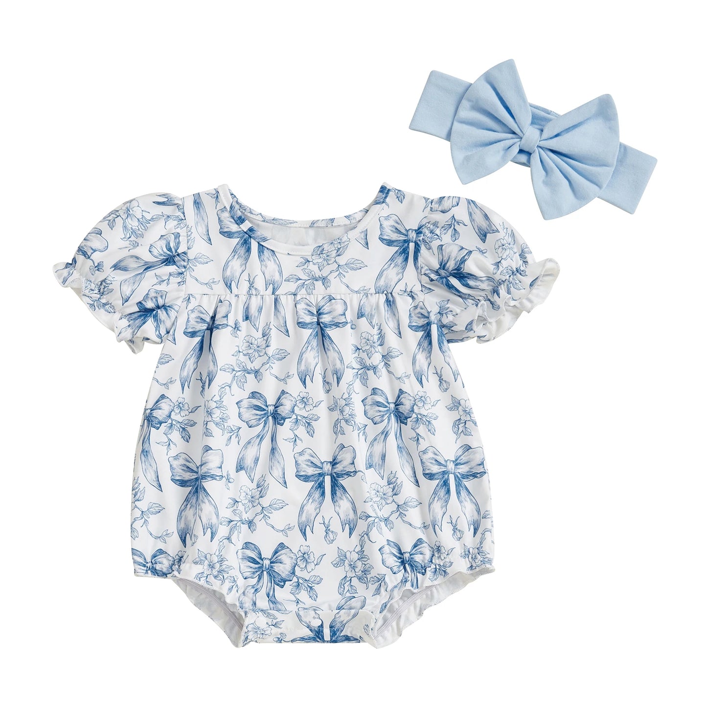 Baby Girls Bow Print Romper with Headband Set (0-18M)