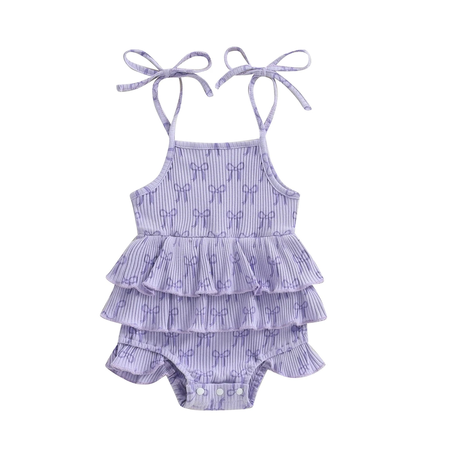 Bow Print Layered Ruffle Spaghetti Strap Baby Romper