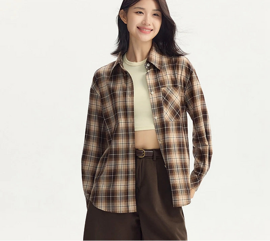 Oversized Drop Shoulder Plaid Shirt Loose Retro Casual Stylish Top