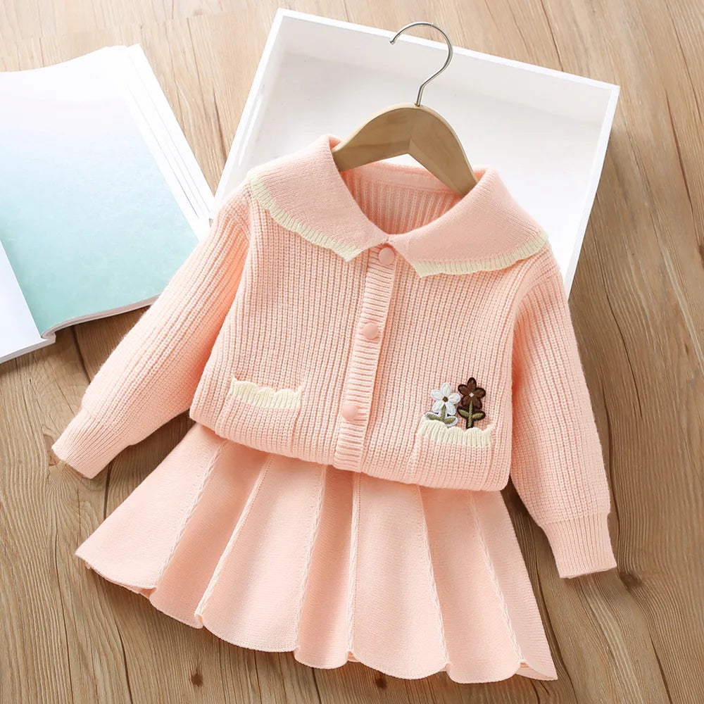 Girl's Clothes Collar Embroidery Flower Knit Cardigan Sweater and Short Skirt Two-piece Set