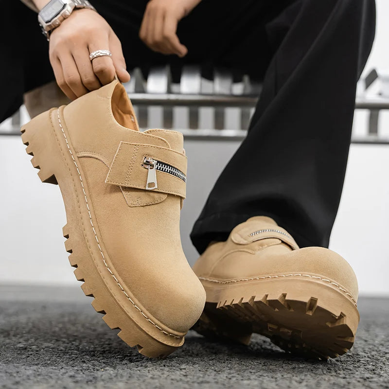 Men's Suede Leather Platform Work Shoes - Zipper Business Sneakers