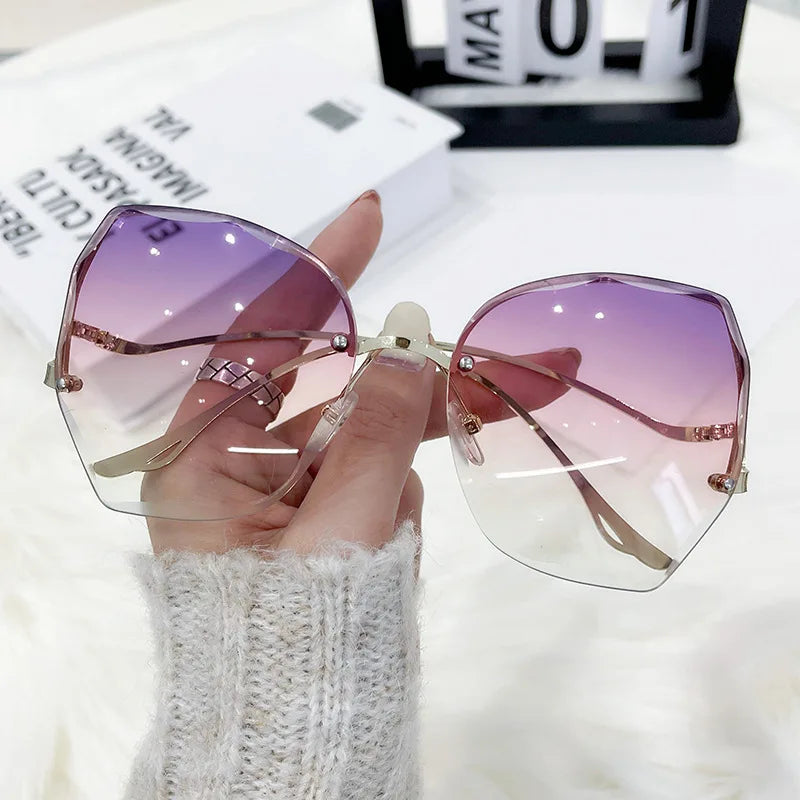 Large Frame Gradient Sunglasses - Frameless Metal Polygonal UV400 for Women