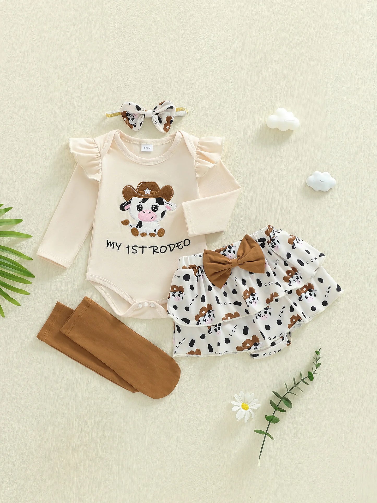 Newborn Baby Girls Boys Outfit Set - Cow Embroidery Romper with Skirt & Accessories 0-12M