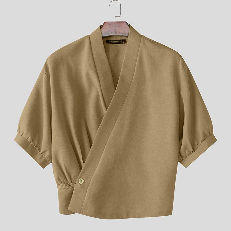 Korean Style Slanted Placket Collarless Long Sleeve Shirt