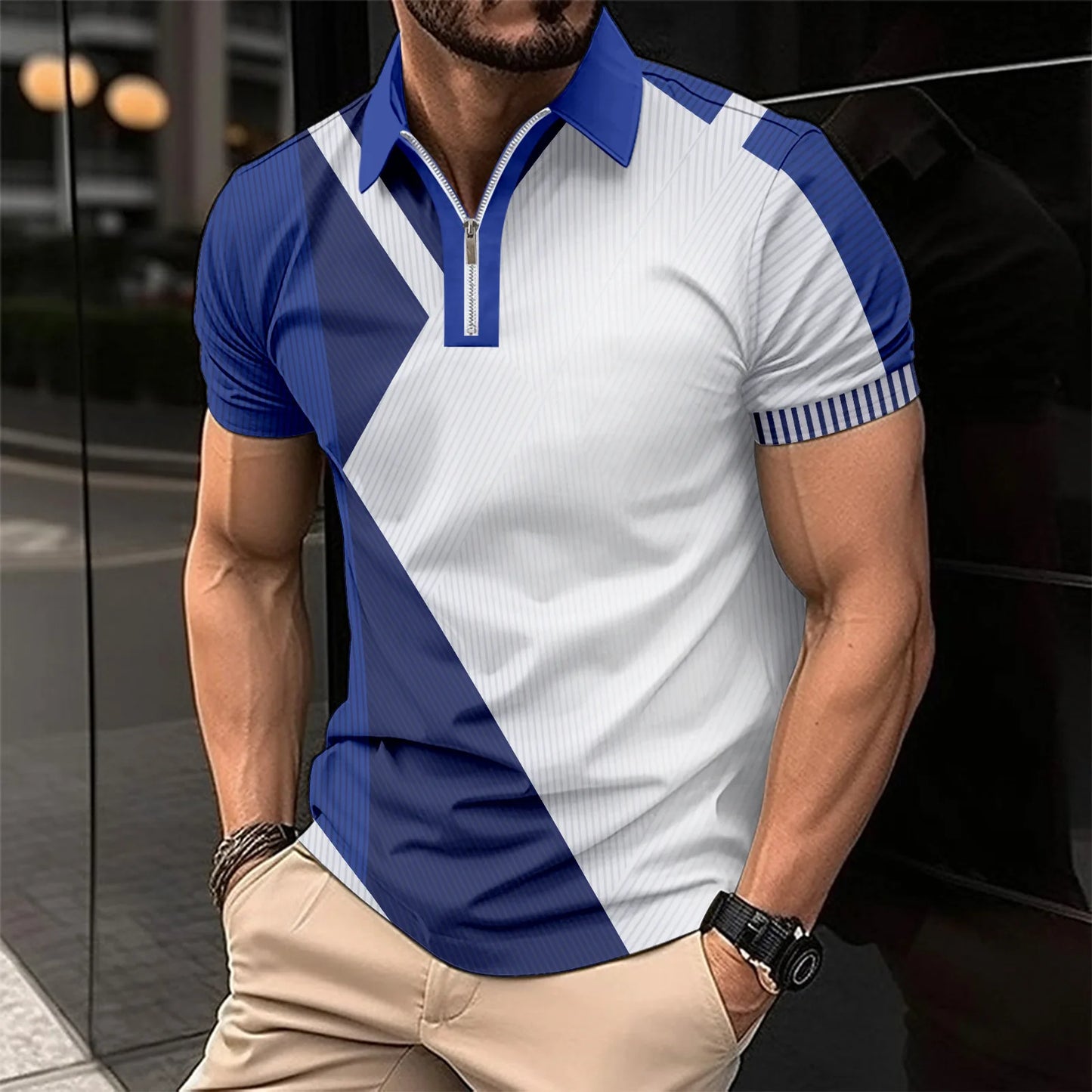 Men's Summer Print Patchwork Turn Down Collar Short Sleeve Sports Casual Polo  Zipper Shirt