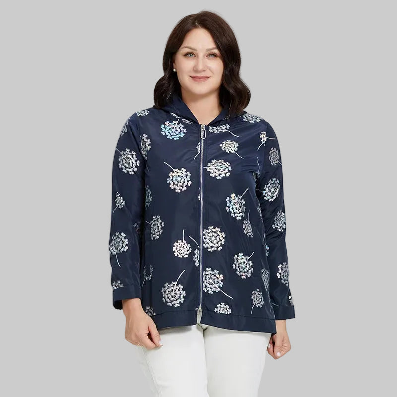 Women's Oversized Hooded Flower Print Zip Windbreaker Jacket
