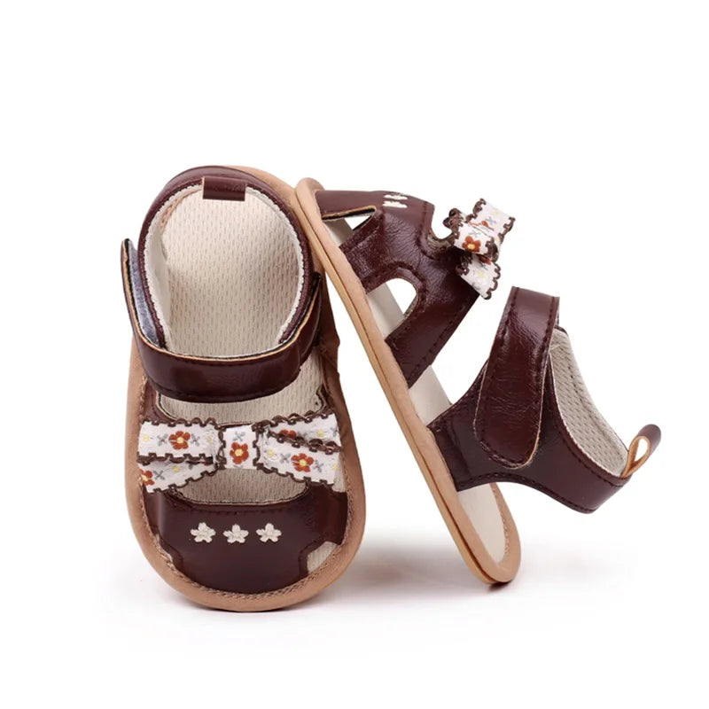 0-18M  Baby Girls Bows Sandals Shoes Floral Embroidered Hollowed out Summer Soft Sole Flats Walking Shoes