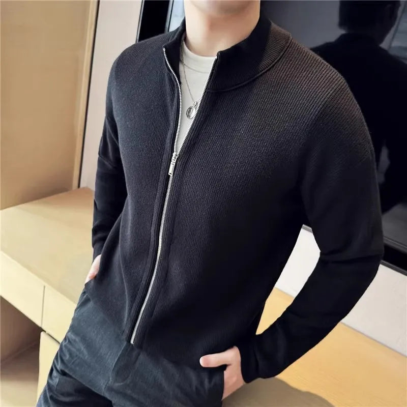 Men's Slim Fit Stand Collar Cardigan - Autumn Winter Zip-Up Knitted Sweater