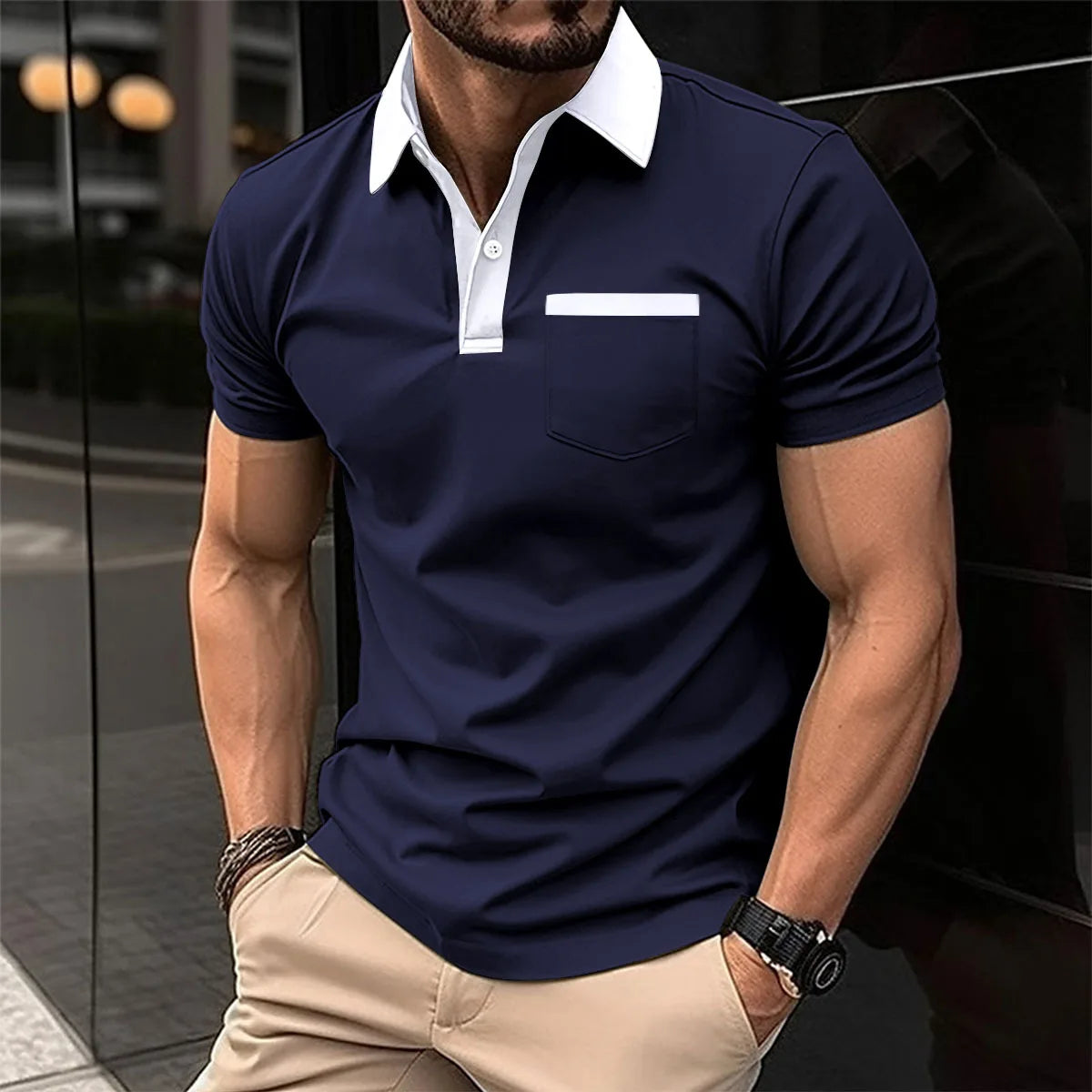 Men's Cotton Blends Polo Turn Down Collar Short Sleeve Smart Casual Patchwork Shirt