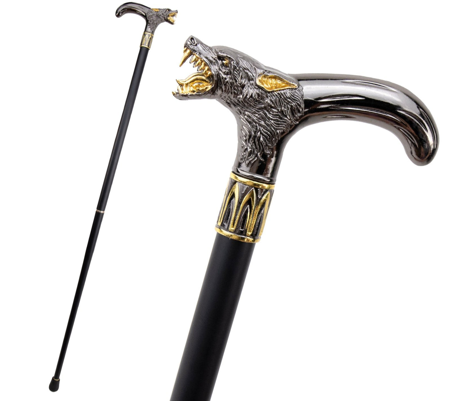 Golden Black Wolf Head Biting Walking Cane  93cm