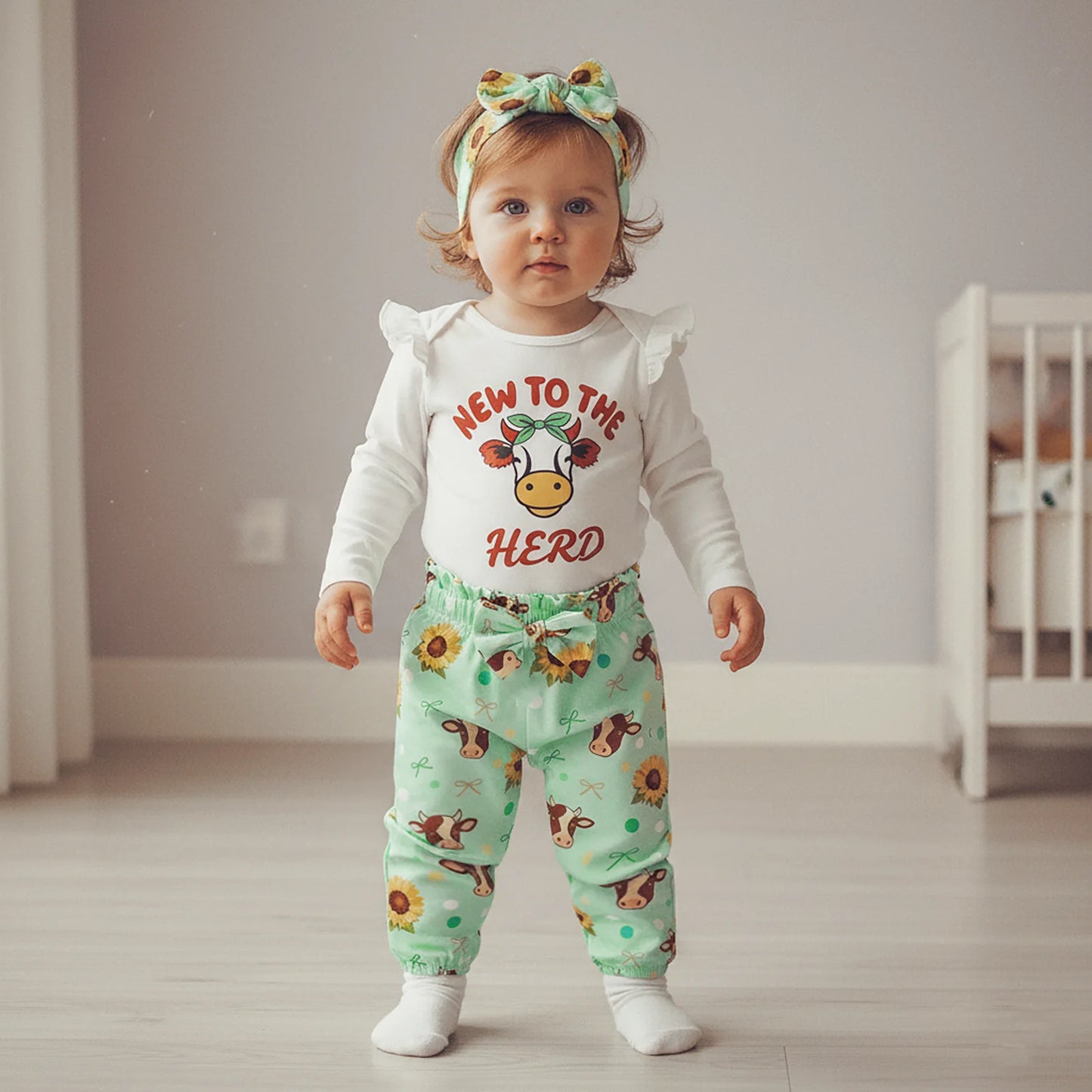 Baby 3-Piece Outfit Set - Cow Print Letter Romper, Pants & Headband