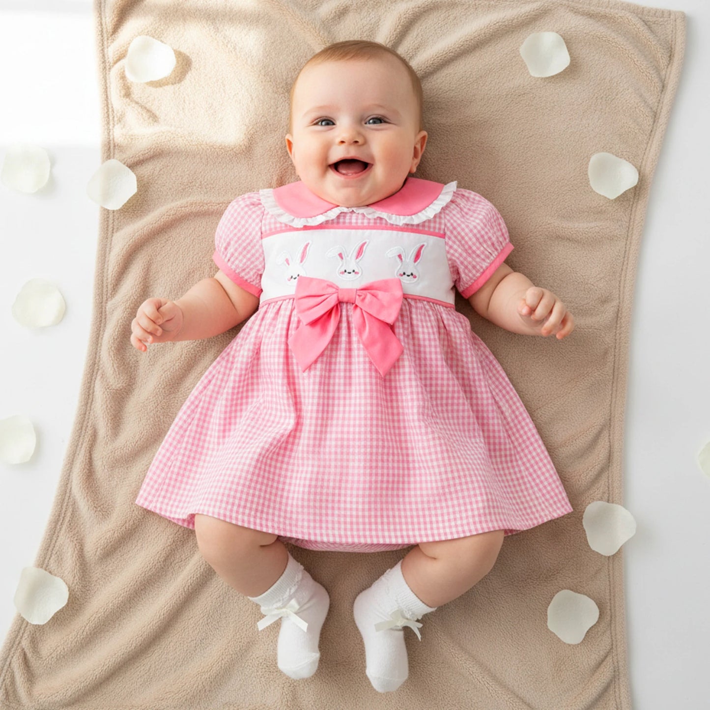 Toddler Girls Plaid Dress - Doll Collar with Rabbit Embroidery (1-4Y)