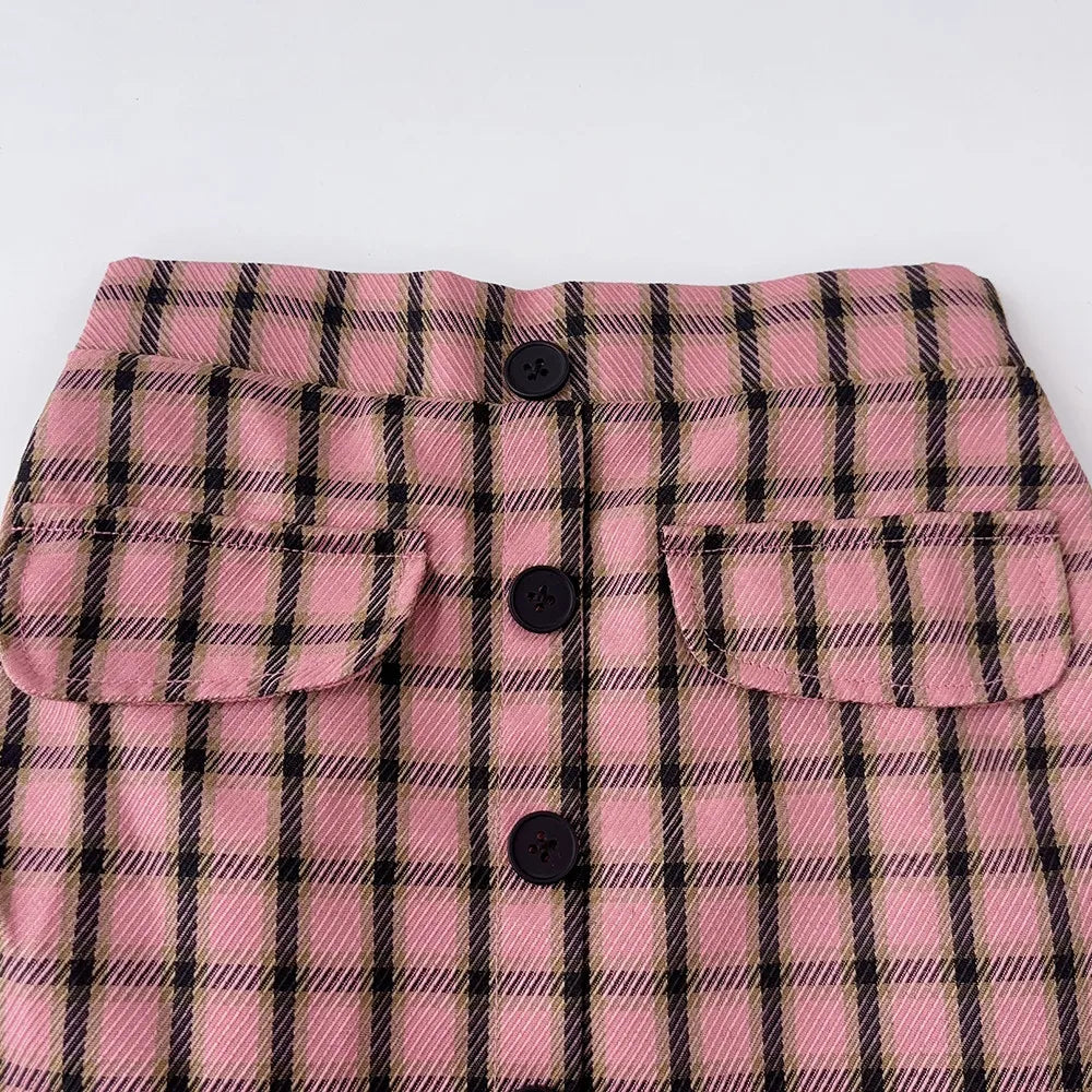 Girls Three Piece Clothes Set Solid Colour High Neck Base Shirt and Plaid Skirt and Hat Set