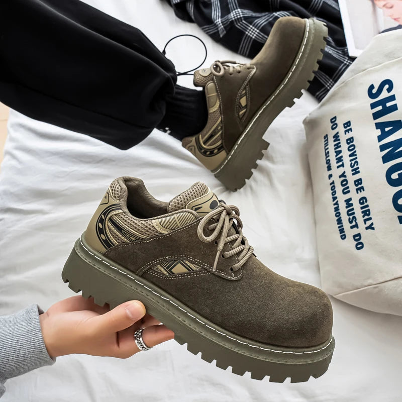 Men's Platform Suede Sneakers - Lace-Up Casual Outdoor Shoes