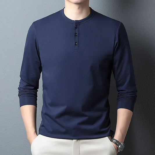 Men's Cotton Henry Collar T-Shirt - Smart Casual Slim Fit Breathable Tee