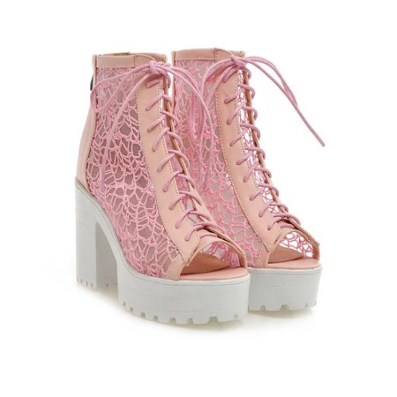 Women's Open Toe Summer Short Back Zipper Leather Mesh Hollow Cool Boots