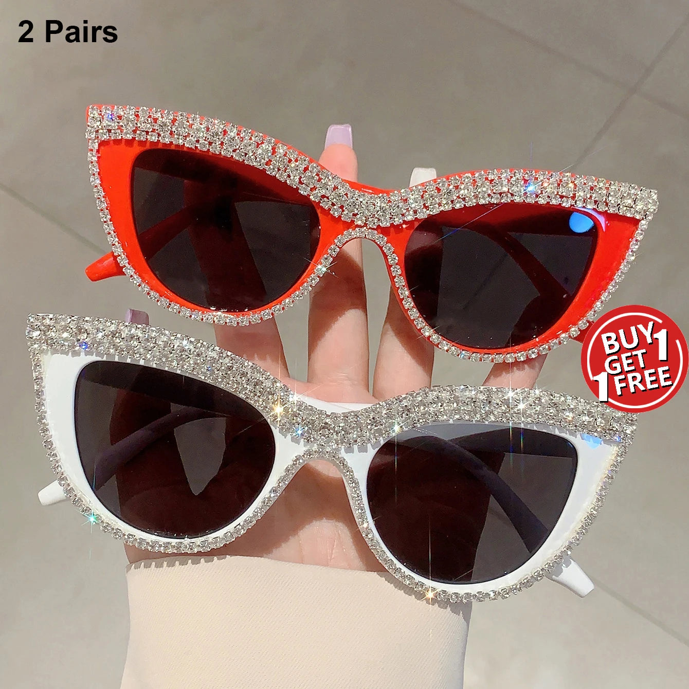 2 Pairs Vintage Cat Eye Sunglasses with Rhinestones Women Fashion Decor Shades Trendy Outdoor Sunglasses