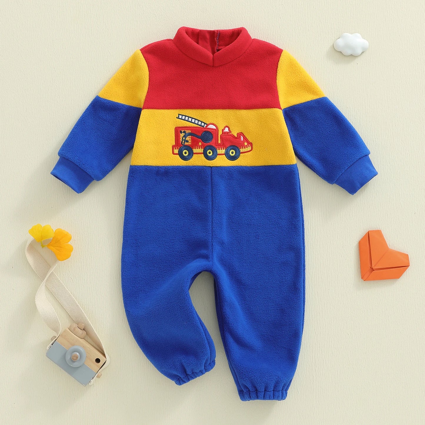 Infant Baby Boys Fall Winter Fleece Romper - Contrast Color Truck Embroidery Mock Neck Jumpsuit