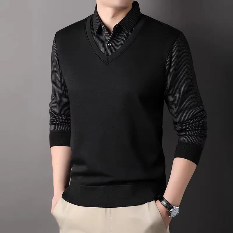 Men's Winter Fleece Knit Sweater - Smart Casual Layered Collar Pullover