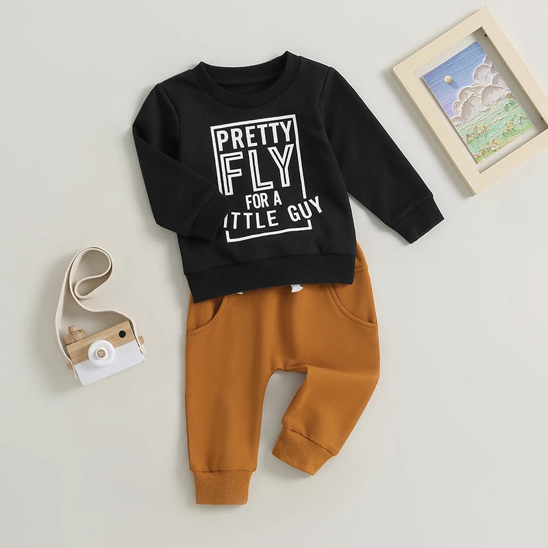 Infant Baby Boys Clothes Set 0-3Y Long Sleeve Letters Print Sweatshirt with Elastic Waist Solid Trousers