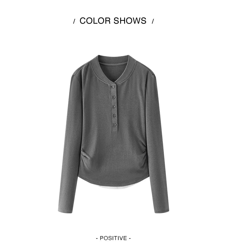 Long Sleeve Cropped Thermal Fleece Layered Henley Neck Slim Fit Top