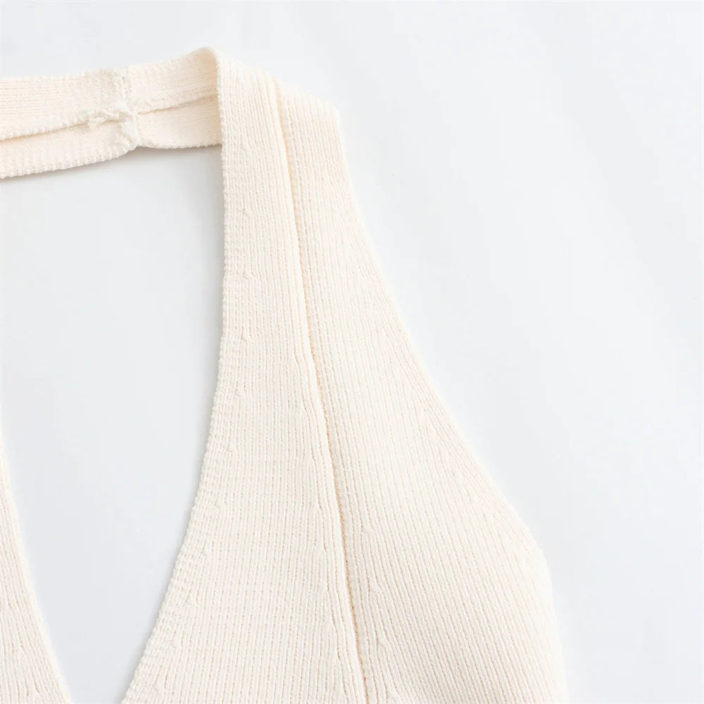 Women French Versatile Hanging Neck Knitted Short Top Backless Vest