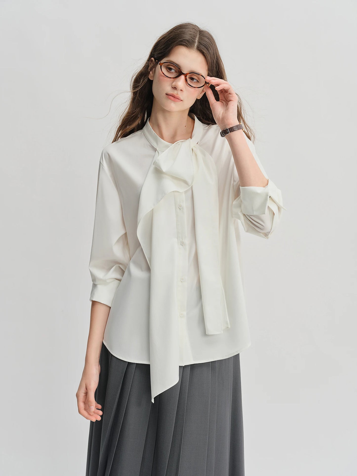 Ribbon Tie Blouse with Irregular Hem