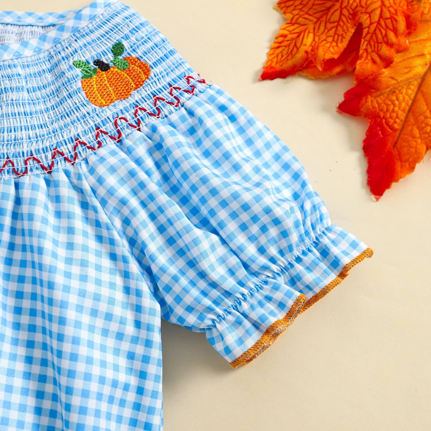 0-3Y Baby Girls Boys Romper Pumpkin Embroidered Plaid Print Short Sleeve Ruffled Jumpsuits