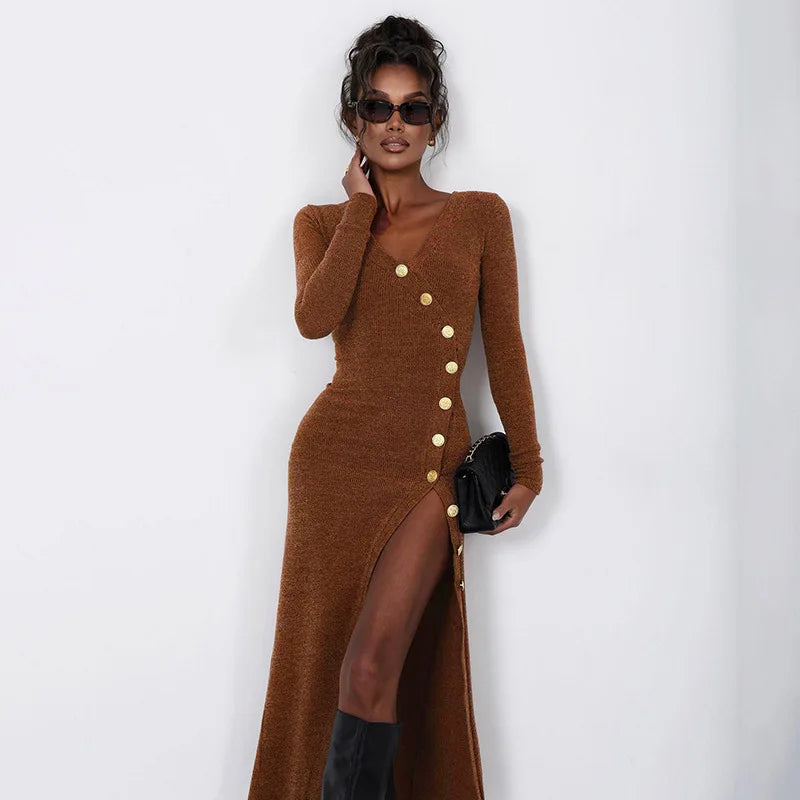 Women's Knitted Maxi Long Sleeve Buttons Dress