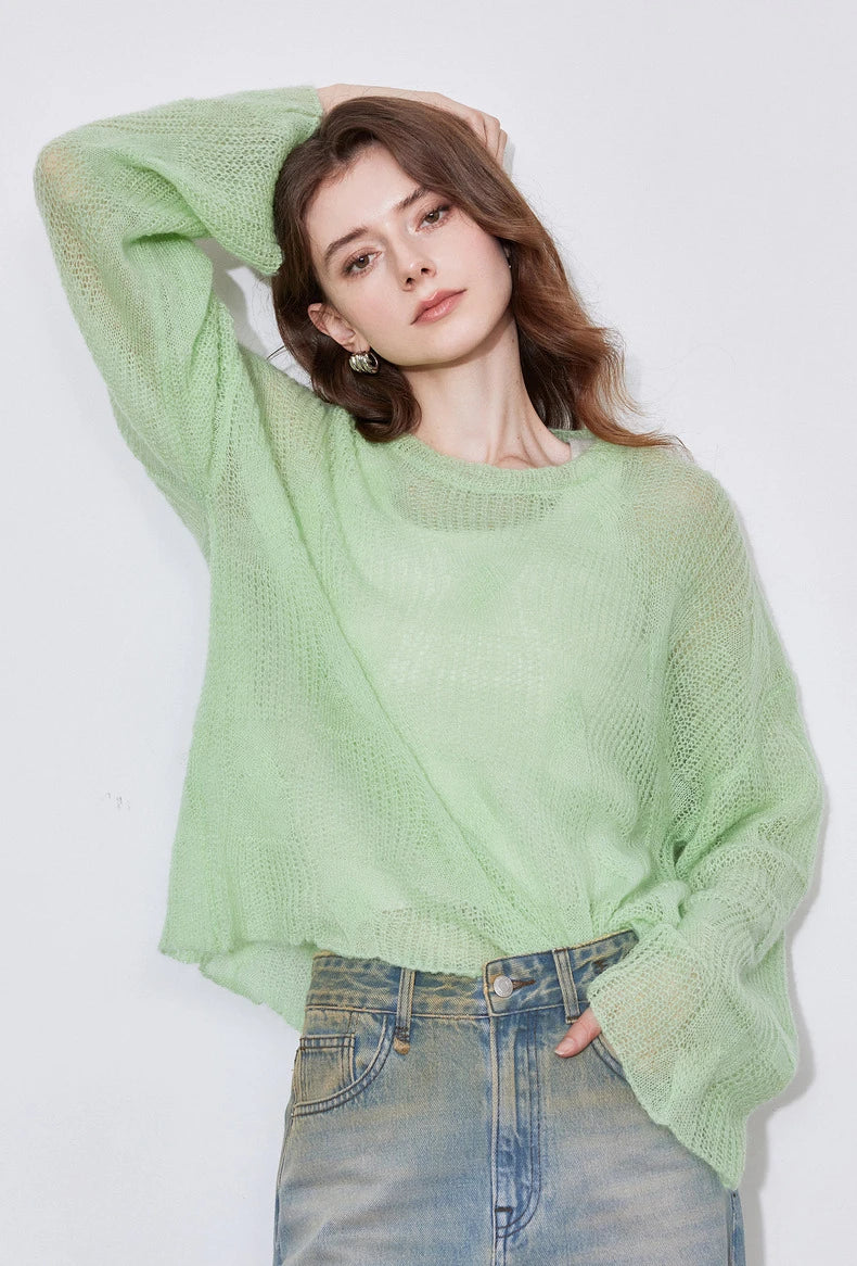 Women's Knitted Thin Hairy Soft Glutinous Green Grass Pullover Sweater