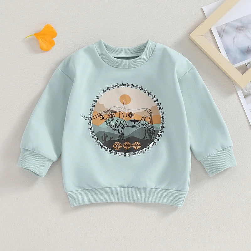 0-4Y Autumn Infant Baby Boys Girls Western T Shirts Cow Cattle Print Long Sleeve Pullover Sweatshirt Top