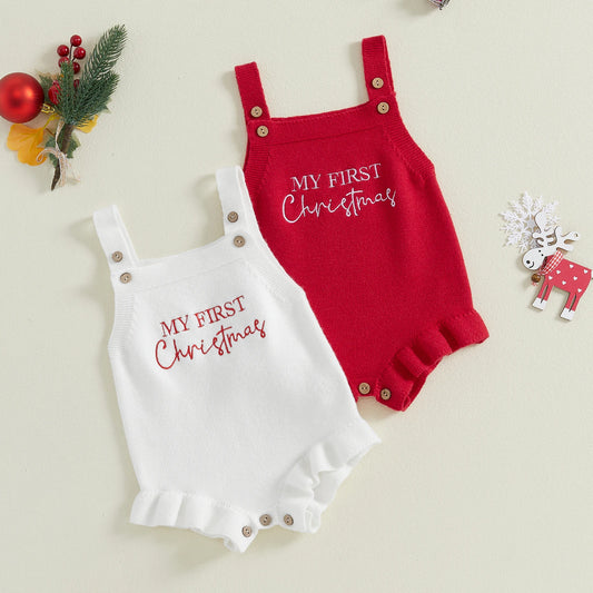 Baby Girl's Knit Romper - Sleeveless Square Neck Letter Embroidery Ruffle
