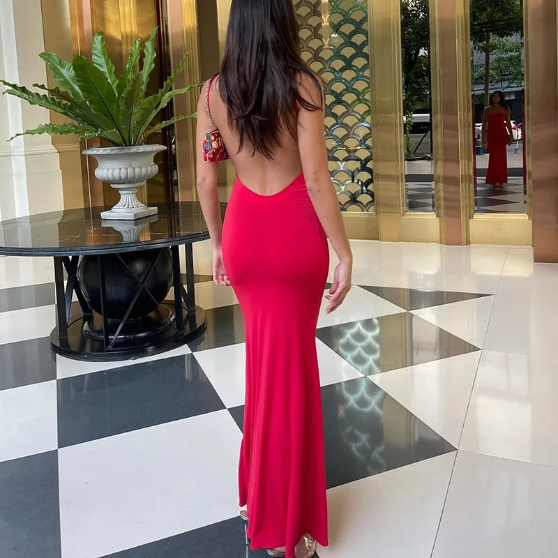 Women's Draped Backless Sleeveless Slip Maxi Dress