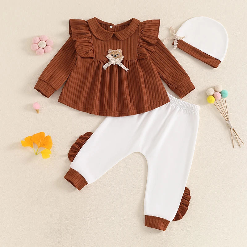 0-3Y Baby Girls 3Pcs Long Sleeve Bear Embroidery Ruffles Dress Tops, Pants and Hat