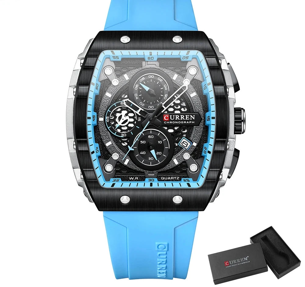 Tonneau Dial Sport Watch - Waterproof Quartz with Auto Date & Yellow Silicone Strap