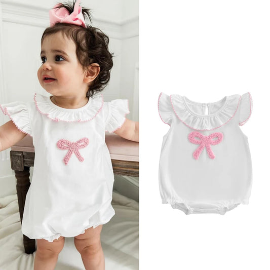 Baby Girls Romper - Bow Embroidery Ruffles Fly Sleeve Bodysuit