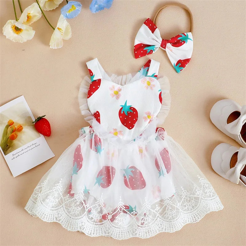 2pcs Valentines Days Baby Girls Romper Dress 0-18M Ruffles Sleeveless Strawberry Print Lace Tulle Jumpsuits Hairband
