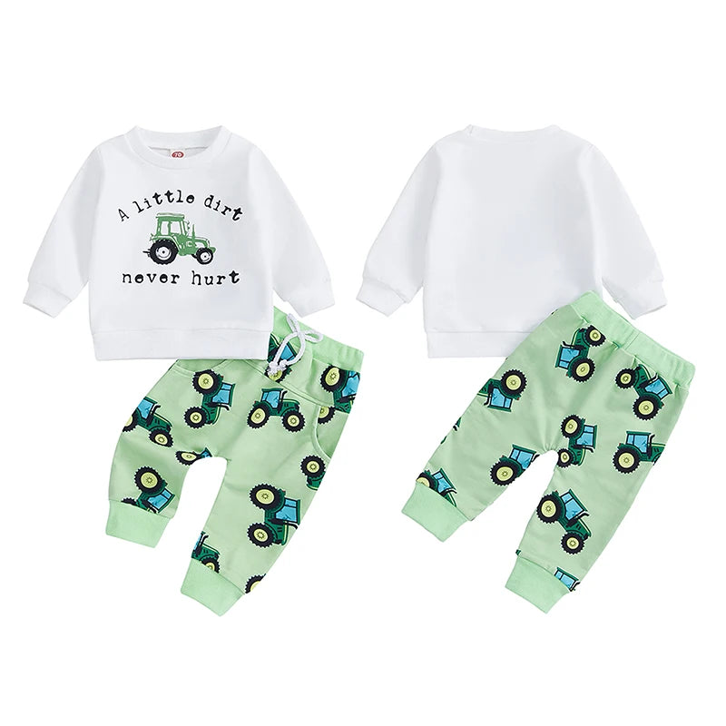 0-3Y Baby Boys Long Sleeve Tractor Letter Print Pullover Sweatshirt Top and Pants