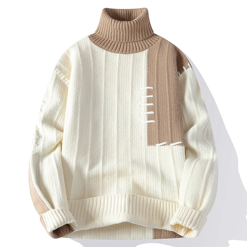 Men's Turtleneck Patchwork Casual Knit Pullover Loose Knitted Sweater