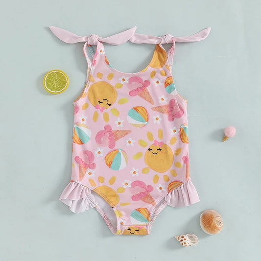 0-5Y Toddler Kids Girls Summer Swimsuits Cartoon Ice Cream Print Tie up Strap Ruffled Swimwear