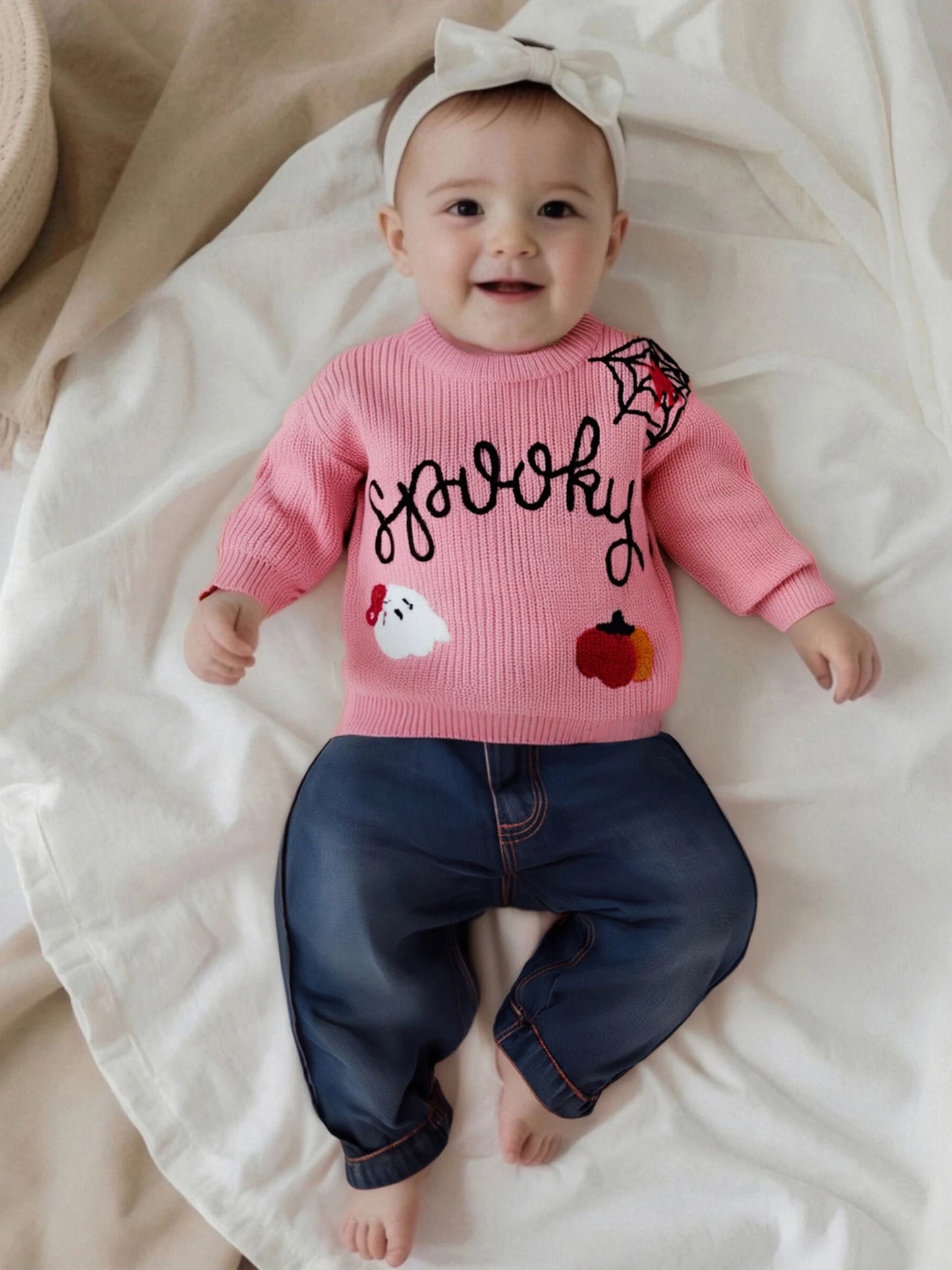 Baby Halloween Knit Sweater - Letter Ghost Pumpkin Spider Web Embroidery